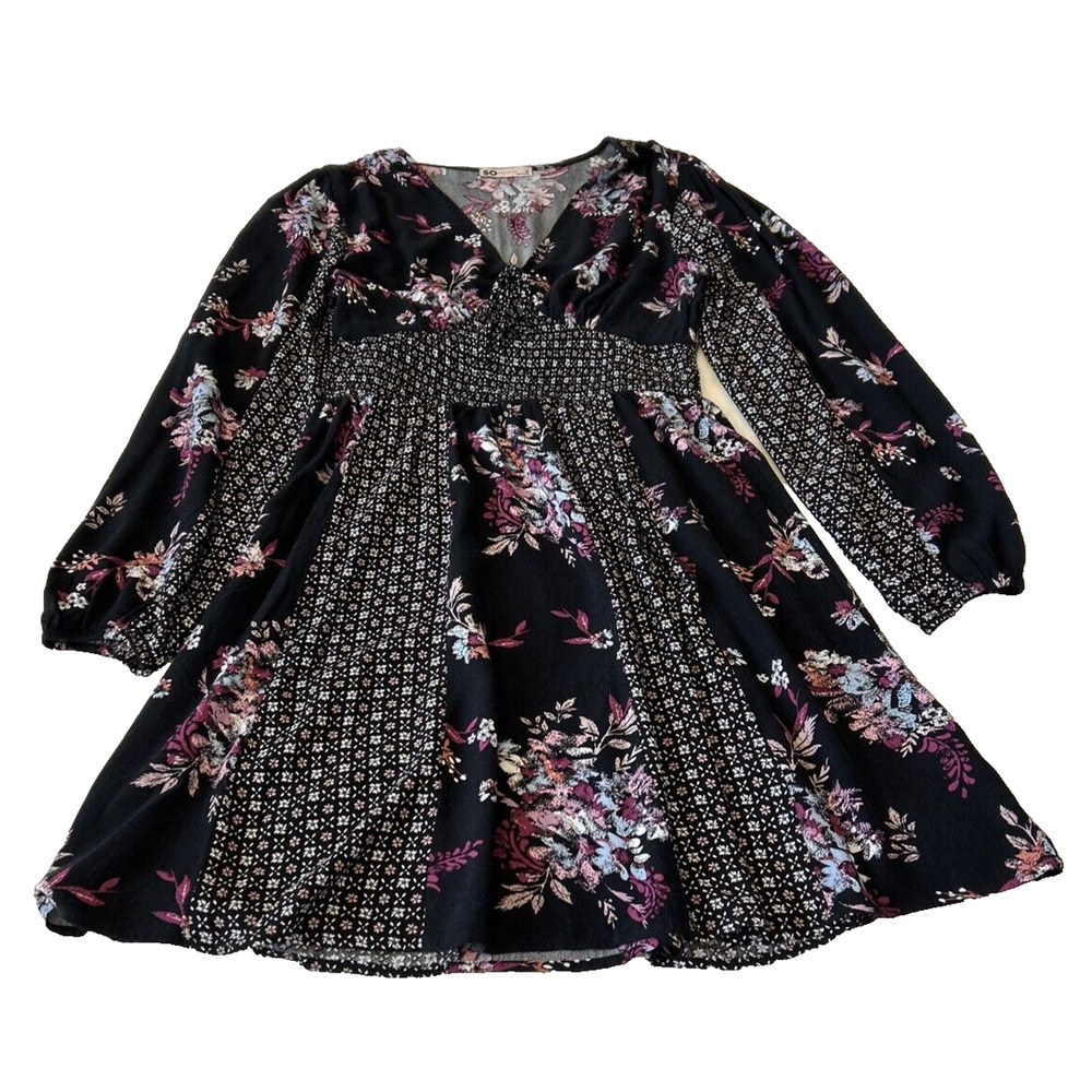 So Goods For Life Women Floral Dress Sz M Black V-Neck Boho Western Cottagecore
